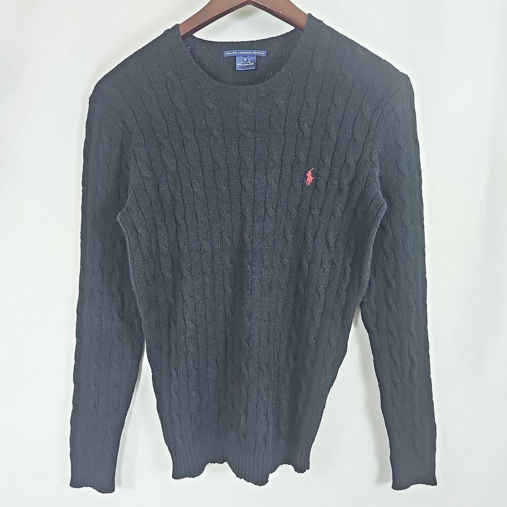 Vtg Men Medium Ralph Lauren Sport Black CableKnit Sweater 100%Lambswool Crewneck